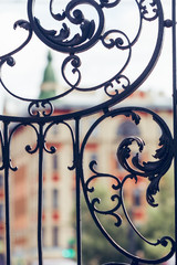 Fototapeta na wymiar Details of a black vintage forged gates in Europe city.