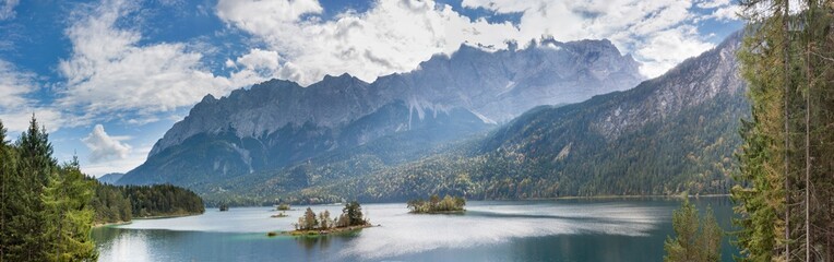 Picturesque Alpine Landscape of Eibsee lake with German Alps mountain Zugspitze on the background.  Eibsee, Bavaria, Europe