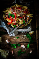 Smoked Sausage Penne Pasta in the skillet