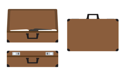 Leather suitcases set open, closed and side view positions. Flat color vector illustration.