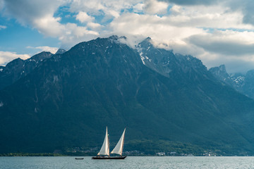 Naklejka premium Switzerland, scenic view on alps near Montreux, with fog, clouds