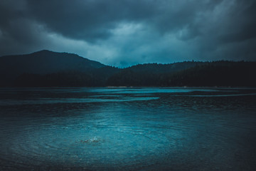 Concentric circles in the water of a crystal clear lake at a foggy autumn day, idyllic outdoor relaxation concept