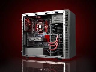 open PC case with internal parts motherboard cooler video card power supply HDD drives 3d render on darck red