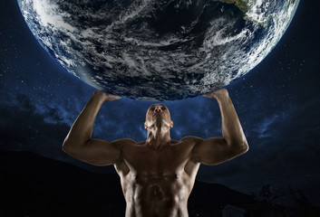 Bodybuilder man that holds the world with his strength