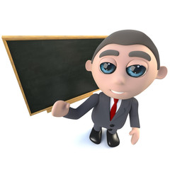 3d Funny cartoon businessman character standing in front of a blackboard chalkboard