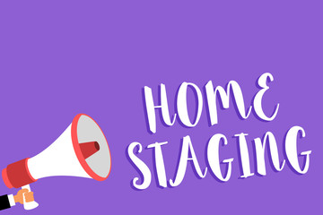 Conceptual hand writing showing Home Staging. Business photo text Act of preparing a private residence for sale in the market Man holding megaphone loudspeaker purple background speaking loud
