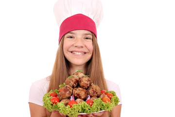beautiful smiling girl cook with meatballs