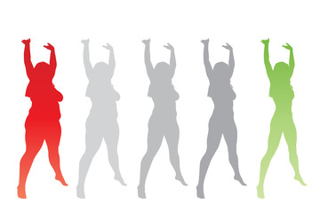 Conceptual fat overweight obese female vs slim fit healthy body after weight loss or diet with muscles thin young woman isolated. Fitness, nutrition or fatness obesity, health silhouette shape