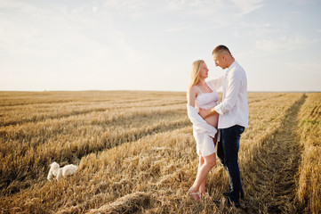 Pregnant couple in wreath field at white underwear clothes on sunset with dog. Happy moments of pregnancy.