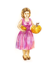 woman gardener with two small pumpkins in her hands. Harvesting season. Autumn watercolor illustration