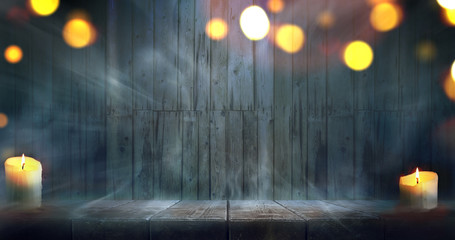 Misty room. Halloween night wooden table and wall background.