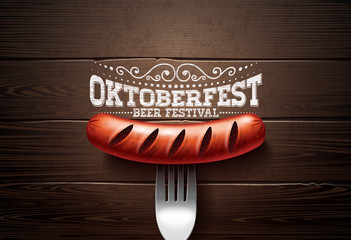 Oktoberfest Illustration with typography lettering, sausage and fork on vintage wood background. Holiday vector design for greeting card, banner, flyer, invitation or promotional poster. Celebration