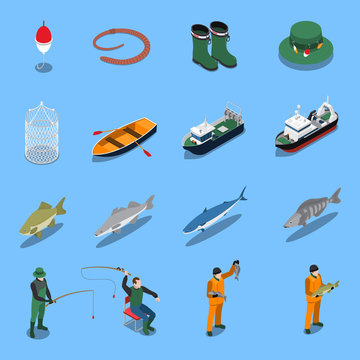 Fishing Isometric Icons Set