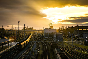 Fototapeta na wymiar sunset on a train station in Ostrava
