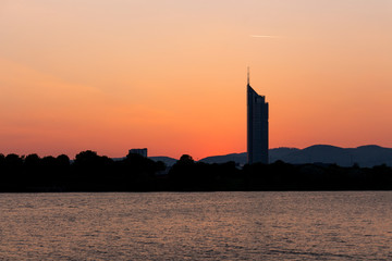 Silhouetted skyscraper in Vienna, Austria