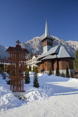 Caraiman church in winter landscape. Romania
