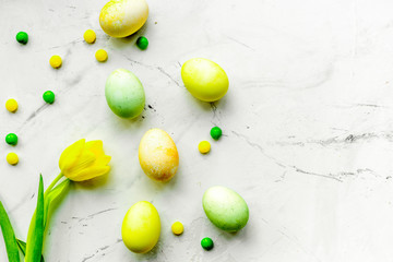 Easter concept eggs with tulip top view pattern