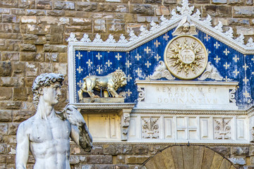 Statue of David by Michelangelo outside Palazzo Vecchio  (Old Palace) on Piazza della Signoria,...