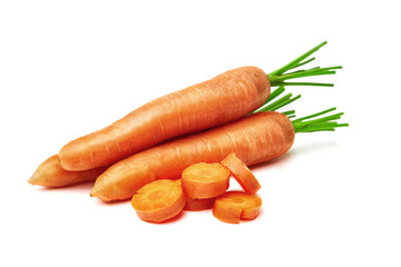 carrots on white background, carrots with a tops and leaves isolated. Nature carrot