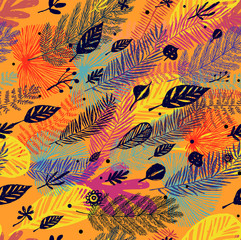 autumn Seamless trendy pattern, leaves on orange background. Vector botanical illustration, Great design element for fabric, wrapping paper, congratulation cards, banners, flyers and another