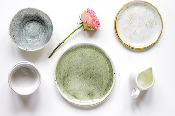 ceramic tableware top view on white background mock up