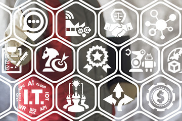 Industry engineer offers a map place marker with talk bubble icon on a virtual interface....