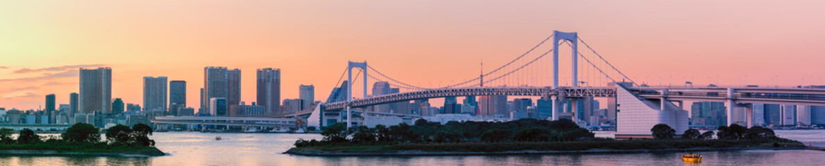 Fototapeta na wymiar Panorama view of Tokyo Skyline at rainbow bridge Sunset twilight in Japan