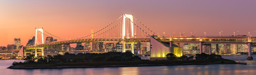 Panorama view of Tokyo Skyline at rainbow bridge Sunset twilight in Japan
