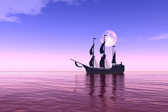 Sailing ship against the background of the moon sky