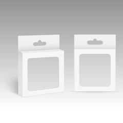 White Product Package Box With Hang Slot and plastic window. Mock Up. Vector.