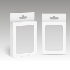 White Product Package Box With Hang Slot and plastic window. Mock Up. Vector.