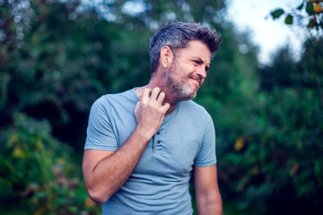 People scratch the itch with hand, Elbow, itching, Healthcare And Medicine, Men with skin problem...