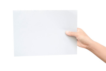 Woman hand holding the paper on white background.