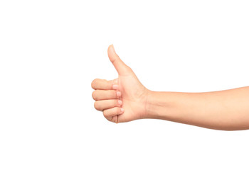Woman hand with thumb up isolate on white background