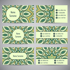 Set of business cards with floral mandala ornaments. Vector illustration