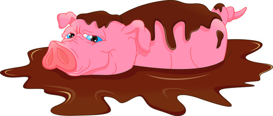Cartoon funny pig  in the mud