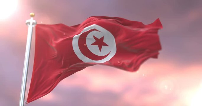 Flag of Tunisia waving at wind in slow at sunset, loop