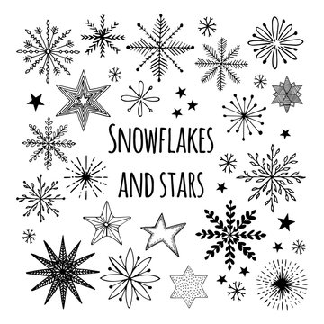 Hand drawn vector snowflakes and stars. Ornate ink elements. Set of Christmas doodles.