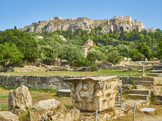 Ruins of Odeon of Agrippa, located at the Ancient Agora of Athens with Church of the Holy Apostles...