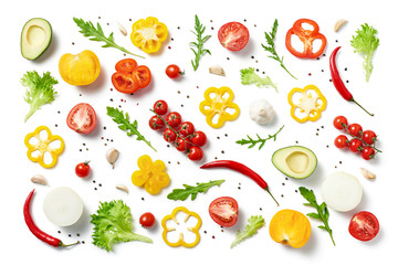 Different herbs and vegetables isolated on white background. Copy space. Healthy eating background. Food photography. Top view