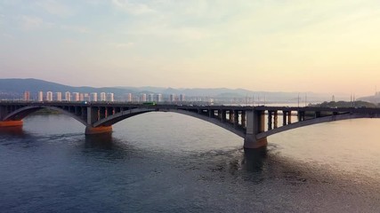 Beautiful aerial drone footage of the bridge in Krasnoyarsk city
