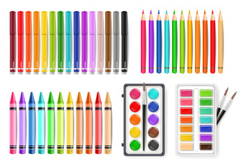 Colorful pen, marker and watercolor palette tools set Vector realistics - obrazy, fototapety, plakaty