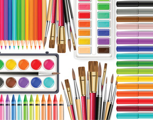Drawing tools Vector realistic top view. Brush, watercolor palette, pencils, crayons. Detailed 3d illustrations © castecodesign