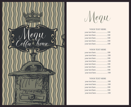 Vector menu for coffee house with old hand drawn coffee mill, price list and handwritten inscriptions in figured frame in retro style