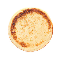 Tasty thin pancake on white background