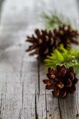 Pine cones and branch on rustic wood background