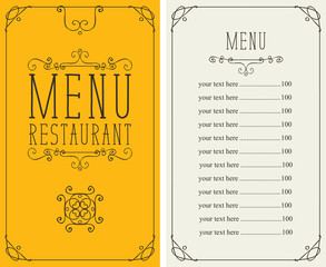 Vector menu for restaurant with curlicues and price list in figured frame in retro style