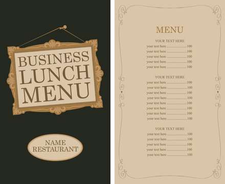 Template vector business lunch menu for restaurant with picture frame and price list in retro style