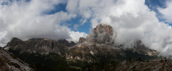 Panorama of the Tofane Mountains with clouds, Cortina d'Ampezzo, Dolomites, Italy