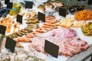 Counter with fresh seafood in ice